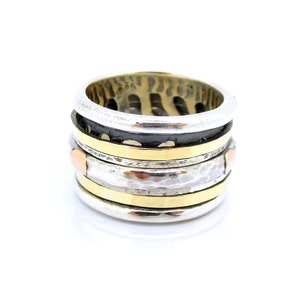Wide 925 Sterling Silver spinner ring with hammered lace design rose 9K 9K Gold bands 788 image 2