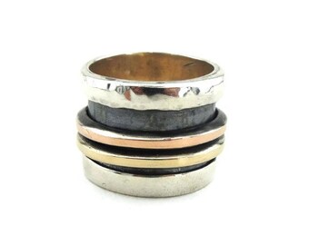 Unique spinner round ring, made of sterling silver 925 and 9k yellow and rose gold on a wide band (1203R)