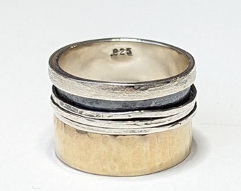 Inscribed spinner ring, 925 Sterling Silver and 9K Gold, Ready to Ship