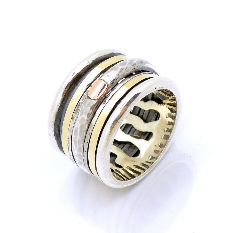 Wide 925 Sterling Silver spinner ring with hammered lace design rose 9K 9K Gold bands 788 image 1