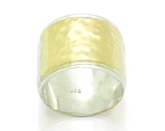 gold all around - hadas gold Wide silver & gold wedding band, hammered, 9k gold ,israel design  925 silver unisex ring 129b