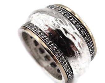 Anillo Spinner con Zircon CZ plata de ley y oro Spinner banda ancha anillo a juego bandas hechas a mano metales mezclados hechos en Israel regalo (sn 2910)