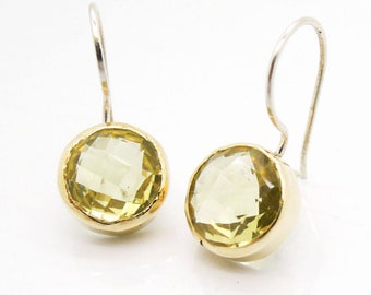 Handcrafted Lemon Quartz Earrings - Round Rose Cut Gemstones in Yellow 9K Gold Setting