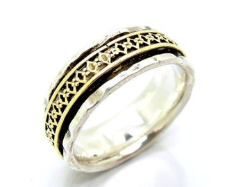 Filigree wedding band, unisex ring with yellow gold and silver wedding band (253r)