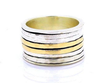 Anillo giratorio ancho con bandas giratorias 925 Sterling Silver y 9K Gold