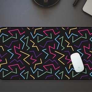 Retro 80s Aesthetic Desk Mat, Large Mouse Pad with Neon Zigzag Pattern, Office Desk Accessory, Gaming Desk Mat