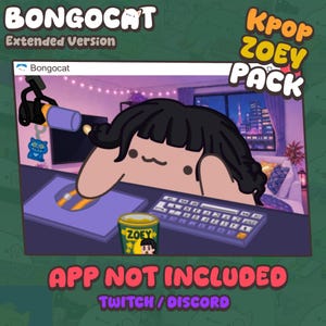 Puede incluir: Un gráfico digital que muestra un gato de dibujos animados con cabello negro en un escritorio con un micrófono, un teclado y una taza con la etiqueta ZOEY. El texto dice BONGOCAT Extended Version, KPOP ZOEY PACK, APP NOT INCLUDED y TWITCH / DISCORD.