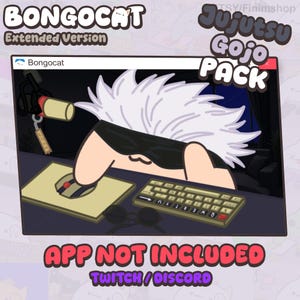 Puede incluir: Un gráfico digital de un personaje de pelo blanco con una venda negra, estilizado como un Bongo Cat, escribiendo en un teclado y usando un ratón. La imagen incluye el texto BONGOCAT Extended Version, Jujutsu Gojo PACK y APP NOT INCLUDED.