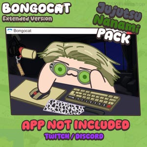 Puede incluir: Una ilustración digital de un personaje Bongo Cat con cabello rubio y gafas verdes, sentado en un escritorio con un ratón y un teclado. El texto dice BONGOCAT Extended Version, Jujutsu Nanami PACK y APP NOT INCLUDED TWITCH/DISCORD.