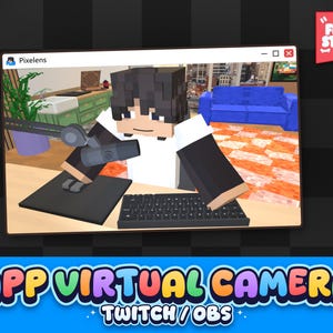 Peut inclure: Un graphique numérique montrant un personnage de style Minecraft assis à un bureau avec un clavier et un microphone. La fenêtre est intitulée Pixelens. En dessous, le texte indique APP VIRTUAL CAMERA TWITCH / OBS, avec le logo Finim Studio.