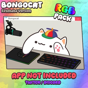 Peut inclure: Une impression d'art numérique représentant le personnage de Bongocat avec un thème RVB coloré. L'image comprend un clavier, une souris et un microphone. Le texte sur l'image indique "Bongocat Extended Version RGB Pack" et "App Not Included Twitch/Discord."