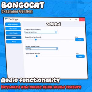 May include: A digital software settings interface titled BongoCat Extended Version. The window displays a Sound menu with dropdowns for Keyboard sound type set to Quiet & Satisfying and Mouse sound type set to Gaming, plus volume sliders and mute buttons.