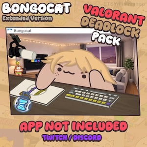 Può includere: Illustrazione digitale con il personaggio di Bongocat e il testo "VALORANT DEADLOCK PACK". L'immagine include una tastiera, un mouse e un personaggio dei cartoni animati. Sono visibili anche le scritte "APP NOT INCLUDED" e "TWITCH/DISCORD".