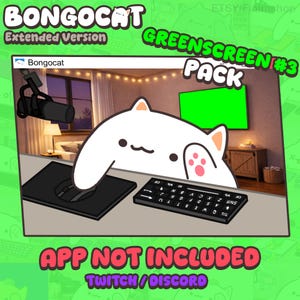 Puede incluir: Ilustración digital del personaje Bongocat con el texto "Extended Version" y "Greenscreen #3 Pack". La imagen incluye un teclado, un ratón y una pantalla verde. El texto en la parte inferior dice "App Not Included" y "Twitch/Discord".