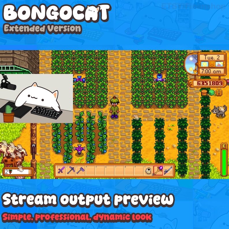May include: A digital overlay featuring the Bongo Cat character typing on a keyboard, positioned over a Stardew Valley gameplay scene showing a farm with crops, a character, and a toolbar. The text reads BONGOCAT Extended Version.