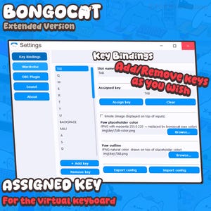 May include: A software settings window for BongoCat Extended Version displaying a Key Bindings menu. The interface features a list of keys, buttons for assigning or clearing keys, and options for paw placeholder color and paw outline file paths.