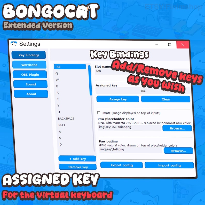 May include: A software settings window for BongoCat Extended Version displaying a Key Bindings menu. The interface features a list of keys, buttons for assigning or clearing keys, and options for paw placeholder color and paw outline file paths.