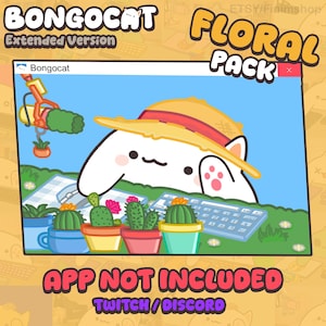 Puede incluir: Una impresión de arte digital con el personaje de dibujos animados "Bongocat" con un sombrero de paja, rodeado de cactus en macetas coloridas. La imagen tiene el texto "FLORAL PACK" y "APP NOT INCLUDED TWITCH/DISCORD."