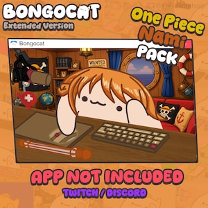 Puede incluir: Una ilustración digital de un gato blanco con pelo naranja sentado en un escritorio con teclado y alfombrilla. La escena muestra una habitación de temática náutica con un globo terráqueo, un cartel de se busca y un sofá rojo. Texto: BONGOCAT, One Piece Nami PACK, APP NOT INCLUDED.
