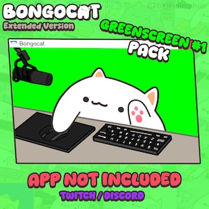Könnte beinhalten: Digitale Illustration der Bongocat, einer weißen Cartoon-Katze, die mit einem Computer-Setup interagiert. Das Bild enthält eine Tastatur, eine Maus und einen Greenscreen-Hintergrund. Text enthält "BONGOCAT Extended Version" und "GREENSCREEN #1 PACK".