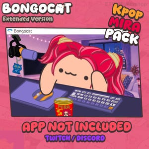 Puede incluir: Una ilustración digital de un personaje Bongo Cat con cabello rosa en coletas, sentado en un escritorio con un micrófono, teclado y una taza con la etiqueta MIRA. El texto dice BONGOCAT Extended Version, KPOP MIRA PACK y APP NOT INCLUDED TWITCH / DISCORD.