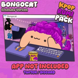 Puede incluir: Una ilustración digital de un personaje Bongo Cat con cabello morado brillante, sentado en un escritorio con un micrófono, teclado y una taza etiquetada como Rumi. El gráfico incluye el texto BONGOCAT Extended Version, KPOP RUMI PACK y APP NOT INCLUDED.