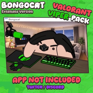 Puede incluir: Impresión de arte digital con un personaje de dibujos animados y una configuración de juego. La imagen incluye un teclado, un ratón y un monitor con detalles en verde. El texto incluye "Bongocat Valorant Viper Pack", "App Not Included" y "Twitch/Discord".