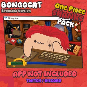 Puede incluir: Un gráfico digital con un gato de dibujos animados de pelo rojo en un escritorio con un teclado y una espada azul. El texto dice BONGOCAT Extended Version, One Piece SHANKS PACK, APP NOT INCLUDED y TWITCH / DISCORD. Fondo de una habitación.