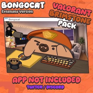 Puede incluir: Ilustración digital de un personaje de videojuego con sombrero, sentado en un escritorio con teclado y ratón. La imagen incluye el texto "Bongocat" y "Valorant Brimstone Pack".