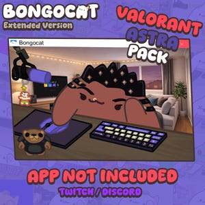 Puede incluir: Ilustración digital de un personaje de gato de dibujos animados marrón con un diseño negro puntiagudo, sentado en un escritorio con un teclado y un ratón. La imagen incluye el texto "Bongocat" y "Valorant Astra Pack."