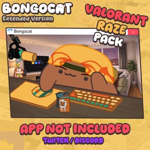 Puede incluir: Ilustración digital de un gato de dibujos animados marrón con un sombrero naranja y una diadema verde, con un teclado y una lata. El texto "BONGOCAT Extended Version" y "VALORANT RAZE PACK" son visibles. También está presente el texto "APP NOT INCLUDED" y "TWITCH/DISCORD".