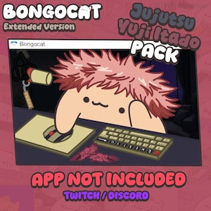 Puede incluir: Un gráfico digital de un personaje Bongo Cat estilizado como Yuji Itadori con cabello rosa puntiagudo, sentado en un escritorio con un ratón y un teclado. La imagen incluye el texto BONGOCAT Extended Version, Jujutsu Yuji Itado PACK y APP NOT INCLUDED.