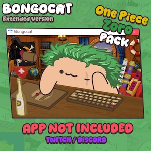 Puede incluir: Un gráfico digital de un personaje Bongo Cat de pelo verde sentado en un escritorio con un teclado y una botella. La imagen incluye el texto BONGOCAT Extended Version, One Piece Zoro PACK y APP NOT INCLUDED TWITCH / DISCORD.