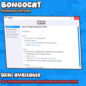 May include: A digital software interface window titled Wiki displaying instructions for configuring BongoCat in OBS. The text outlines steps for adding a new source, selecting the bongo.exe window, and using Chroma Key filters for screen backgrounds.