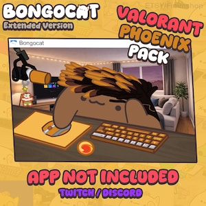Puede incluir: Ilustración de dibujos animados con un personaje de gato marrón, un teclado, un ratón y el tema Valorant Phoenix Pack. La imagen incluye el texto "Bongocat Extended Version" y "App Not Included".