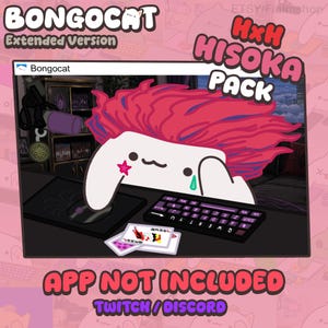 Puede incluir: Un gráfico digital de un personaje Bongo Cat blanco con cabello rosa brillante, una estrella rosa en la mejilla y una lágrima azul bajo el ojo. El personaje está sentado en un escritorio con teclado, ratón y cartas. Texto: BONGOCAT, HxH HISOKA PACK, APP NOT INCLUDED.