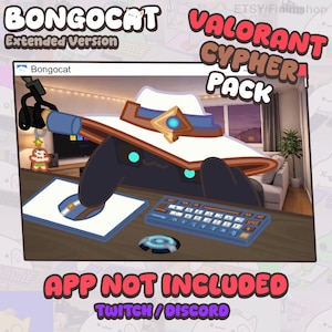 Puede incluir: Ilustración digital de un personaje de Valorant, con sombrero y sentado en un escritorio con teclado y ratón. La imagen incluye el texto "Bongocat" y "Valorant Cypher Pack". También son visibles las palabras "App Not Included" y "Twitch/Discord".