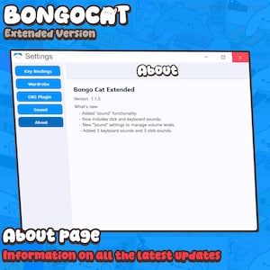 May include: A software settings window titled Bongo Cat Extended Version 1.1.5. The interface features a blue sidebar with buttons for Key Bindings, Wardrobe, OBS Plugin, Sound, and About. The main panel displays update notes regarding sound functionality.