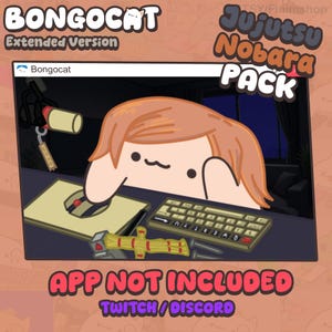 Puede incluir: Una ilustración digital de un personaje Bongo Cat con cabello naranja, posicionado en un escritorio con un teclado y una alfombrilla de ratón. La imagen incluye el texto BONGOCAT Extended Version, Jujutsu Nobara PACK y APP NOT INCLUDED TWITCH/DISCORD.
