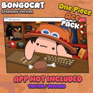 Puede incluir: Un gráfico digital que muestra un personaje de dibujos animados con un sombrero naranja y cuentas rojas, sentado en un escritorio con un teclado y un trozo de carne con hueso. El texto dice BONGOCAT Extended Version, One Piece Ace PACK.