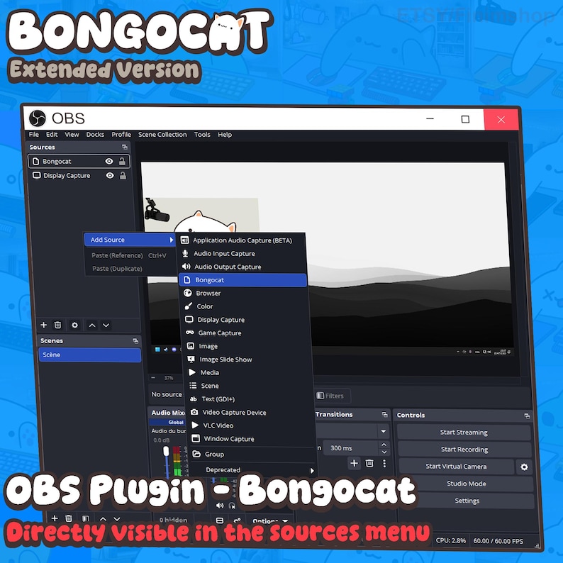May include: A digital interface for the OBS software showing a Bongocat plugin selection within the Add Source menu. The screen displays a dark theme with a list of source options, including Application Audio Capture, Audio Input, and Bongocat.