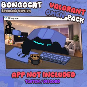 Puede incluir: Ilustración digital de un personaje Bongo Cat azul y negro, con teclado, ratón y osito de peluche. El texto dice "VALORANT OMEN PACK" y "APP NOT INCLUDED". El fondo muestra una habitación con un sofá y un televisor.