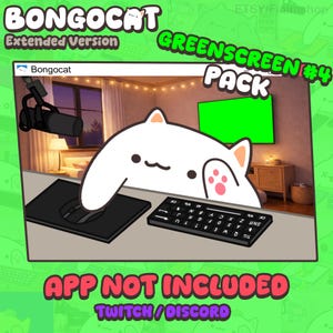 Puede incluir: Imagen de arte digital con el personaje de dibujos animados "Bongocat", un gato blanco, asomándose sobre una configuración de computadora. La imagen incluye un teclado, un ratón y una pantalla verde. El texto dice "GREENSCREEN #4 PACK" y "APP NOT INCLUDED TWITCH/DISCORD."