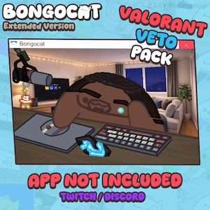 Puede incluir: Ilustración digital de "Bongocat" en un entorno de juego, con teclado, ratón y el texto "VALORANT VETO PACK". También incluye el texto "APP NOT INCLUDED" y "TWITCH/DISCORD".