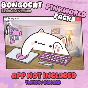 Puede incluir: Ilustración digital de un gato blanco de dibujos animados, "Bongocat", en una habitación rosa. La imagen incluye un teclado, un ratón y un micrófono rosas. El texto en la imagen dice "Bongocat Pinkworld Pack" y "App Not Included."