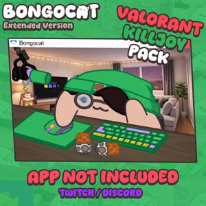 Puede incluir: Ilustración digital de un personaje de dibujos animados con gorro verde y gafas, con teclado y ratón verdes. El texto incluye "Bongocat" y "Valorant Killjoy Pack". El fondo es un diseño verde y blanco.