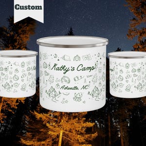 Custom Camp Bachelorette Enamel Mug, Personalized Camping Cup, Outdoor Adventure Gift, Wilderness Coffee Tumbler, Campfire Drinkware, Hiking