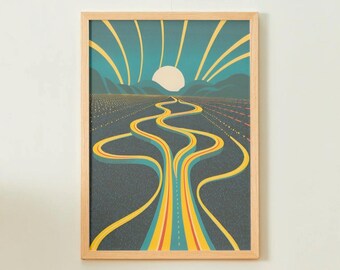 May include: A framed print of a stylized landscape with a winding yellow road leading to a bright yellow sun in a blue sky. The road is surrounded by a dark blue field with small yellow dots.