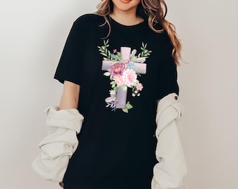 Flower Faith Cross Shirt, Jesus Shirt, For Christian, Floral Christian Shirts For Women, Faith Shirt For Her, Cute Religious Shirt,Christian