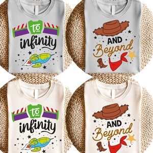 Fun and adventurous To Infinity And Beyond matching shirts featuring a Buzz Lightyear-inspired design. Perfect for couples, families, and Toy Story fans. Made from soft, breathable fabric for all-day comfort, ideal for Disneyland trips, family vacations, or casual wear. Available in multiple sizes and colors for a coordinated look. A great gift for Disney lovers, adding a magical touch to any trip or special occasion!